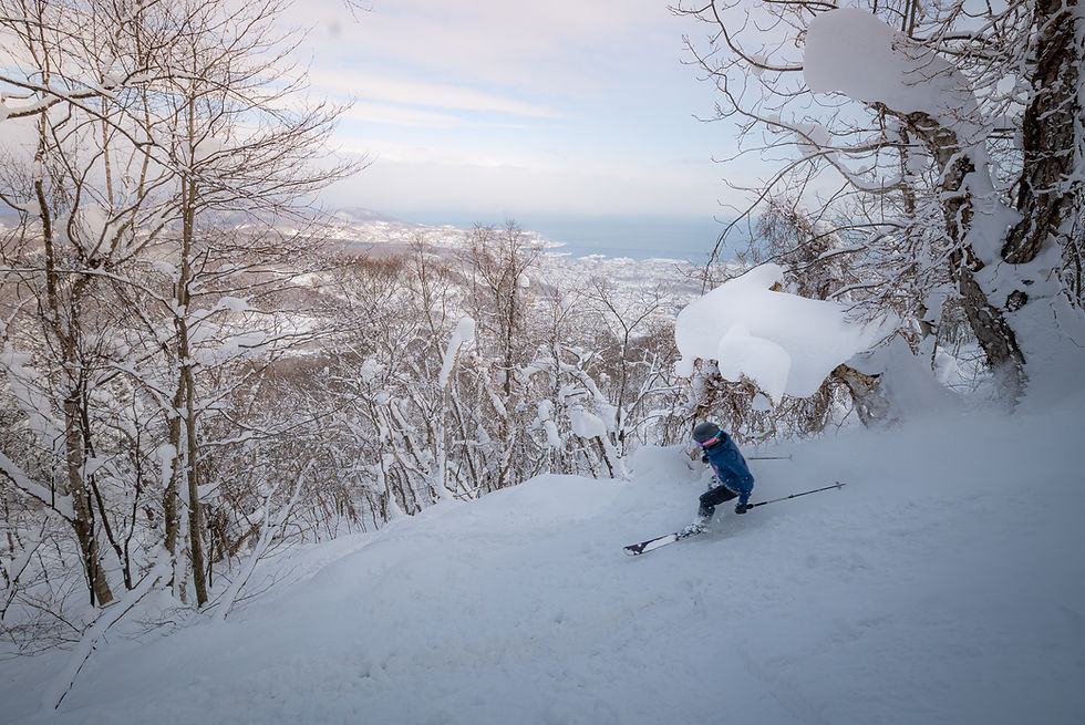 Skier in the backcountry with ocean views at Otaru Tenguyama ski resort, Hokkaido, Japan.
