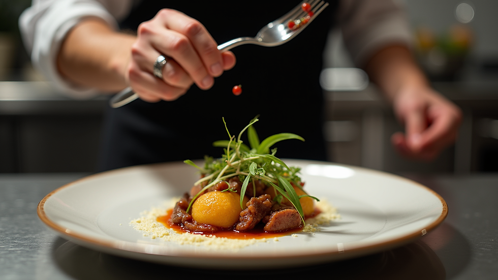 Close-up view of a gourmet dish being plated by a private chef