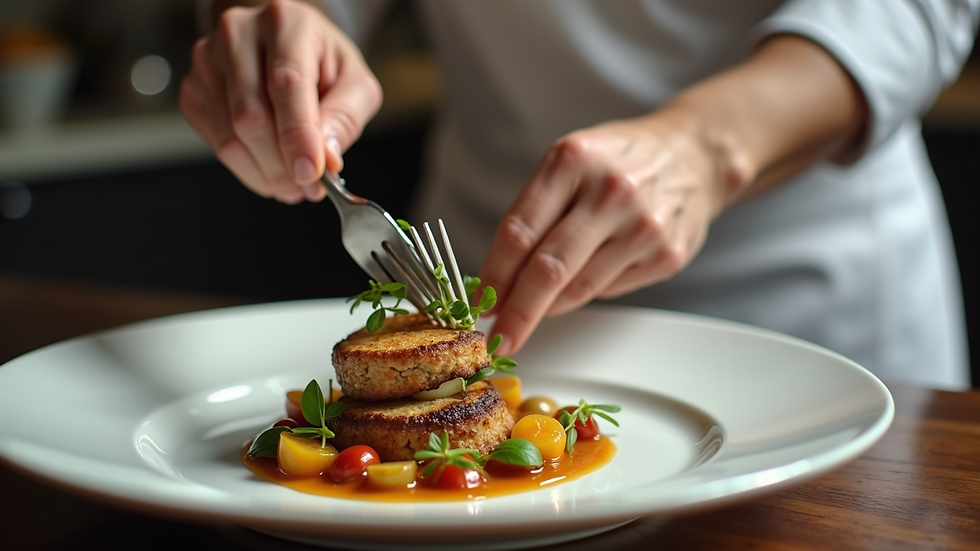 Close-up view of a private chef plating a gourmet dish in a luxury villa