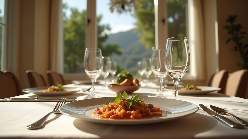 Eye-level view of a luxury villa dining table set for a gourmet meal