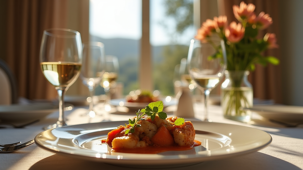 Eye-level view of a gourmet meal served in a luxury villa dining room