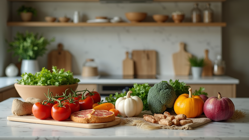 Eye-level view of a luxury villa kitchen with fresh ingredients laid out