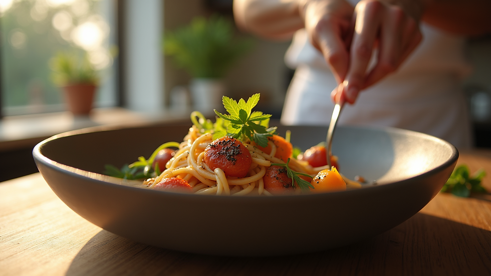 Eye-level view of a gourmet dish prepared in a luxury villa kitchen