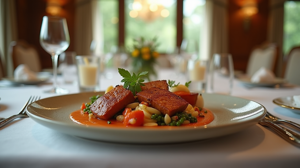 Eye-level view of a gourmet dish served in a luxury villa dining room