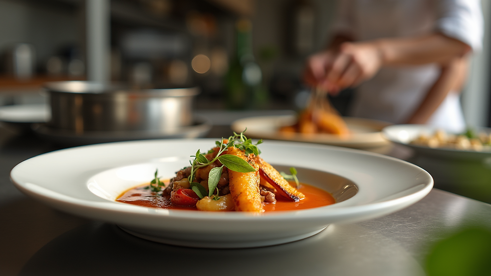 Eye-level view of a gourmet dish prepared in a luxury villa kitchen