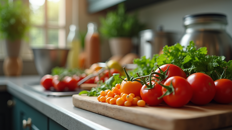 Close-up view of fresh Mediterranean ingredients on a kitchen counter