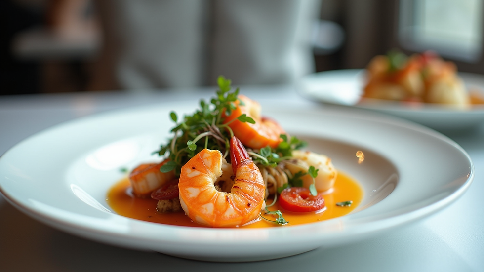 Eye-level view of a gourmet seafood dish on a white plate