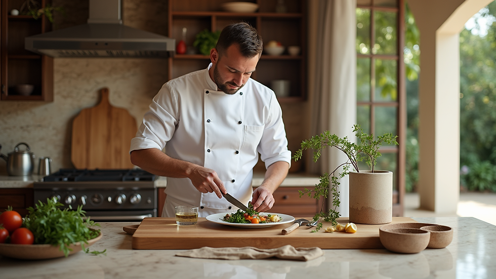 Wide angle view of a luxury villa kitchen with a private chef preparing a meal