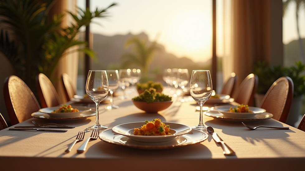 Eye-level view of a luxury villa dining table set for a gourmet meal