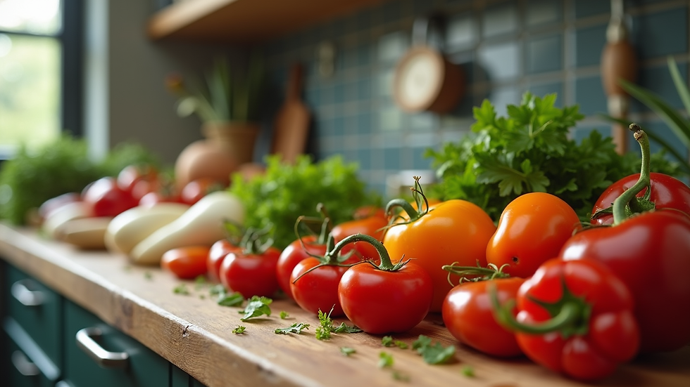 Close-up view of fresh Mediterranean ingredients on a kitchen counter