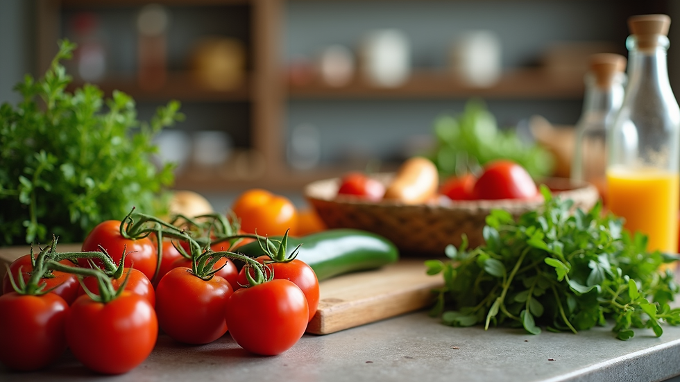 Close-up view of fresh Mediterranean ingredients on a kitchen counter