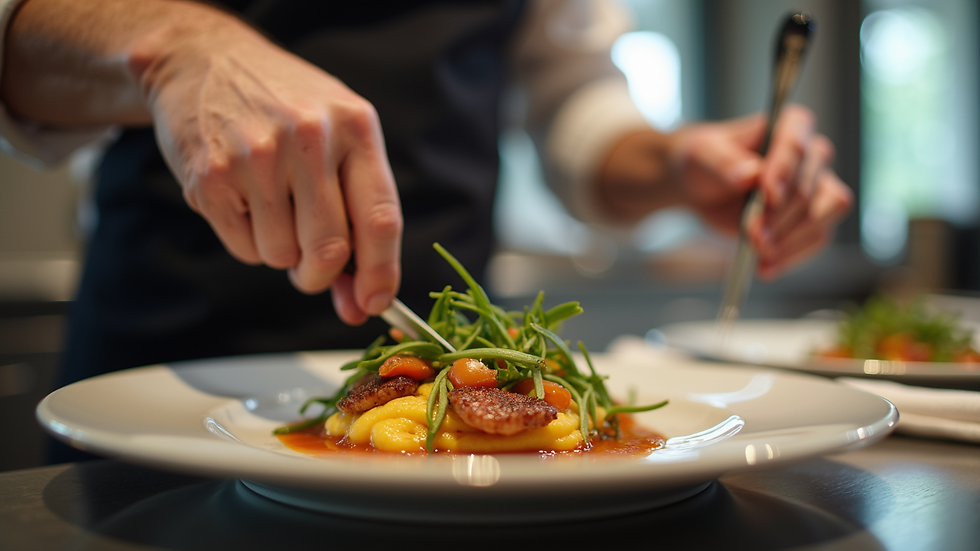 Close-up view of a private chef preparing a gourmet dish in a luxury villa kitchen