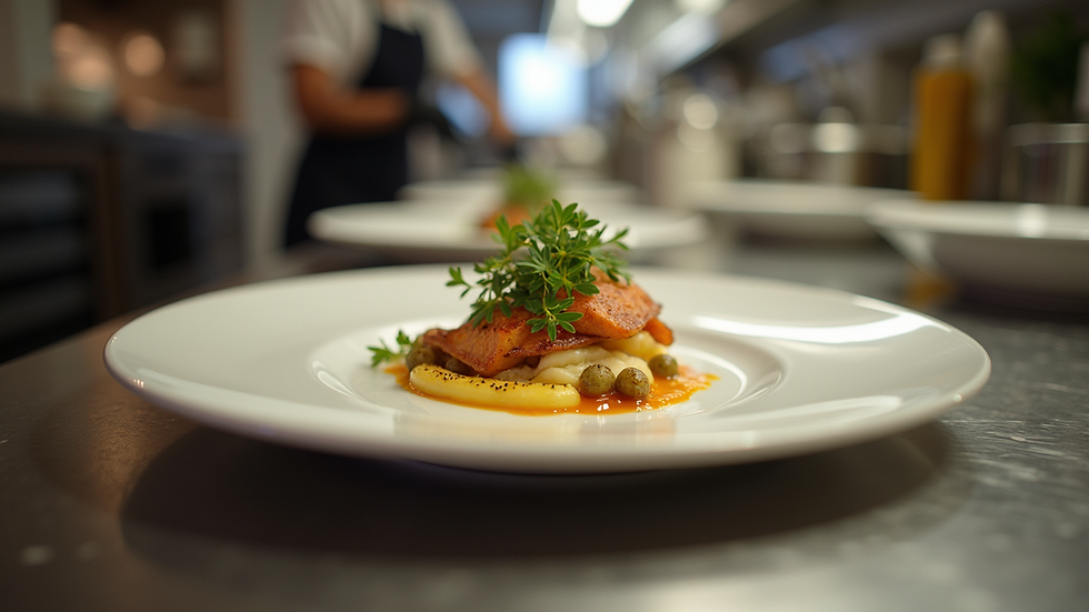 Eye-level view of a gourmet dish being plated in a luxury villa kitchen