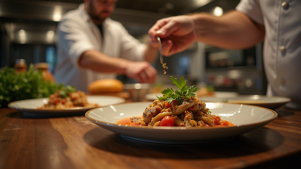 Eye-level view of a gourmet meal being prepared in a luxury kitchen