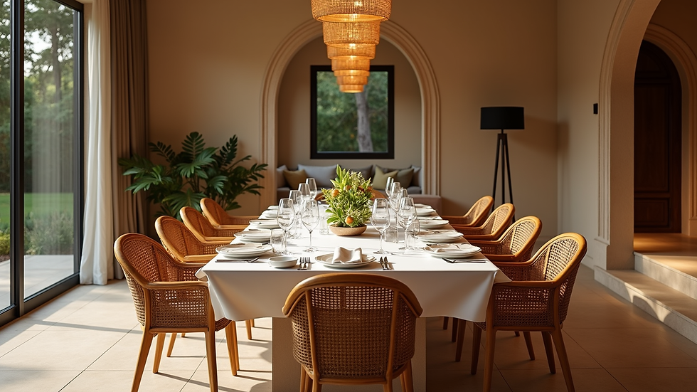 Wide angle view of a luxury villa dining area set for a private chef dinner