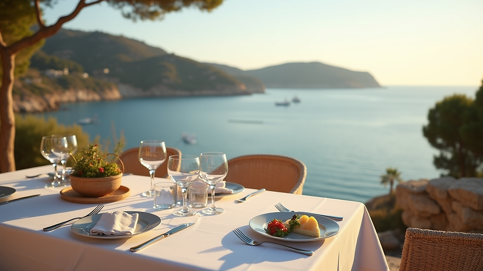 High angle view of a beautifully set outdoor dining table with Mediterranean sea view