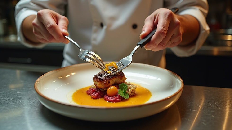 High angle view of a private chef plating a gourmet dish in a luxury villa kitchen