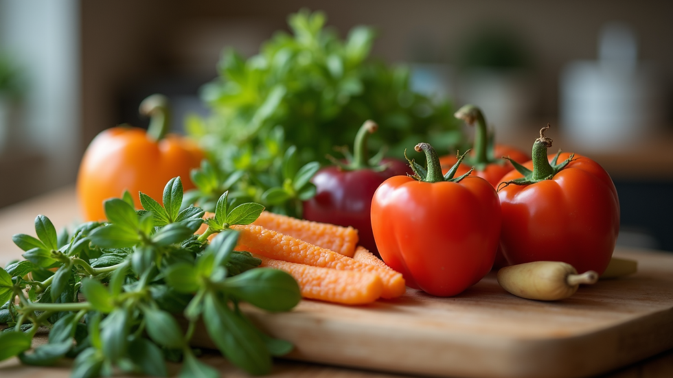 Close-up view of fresh local ingredients on a kitchen counter