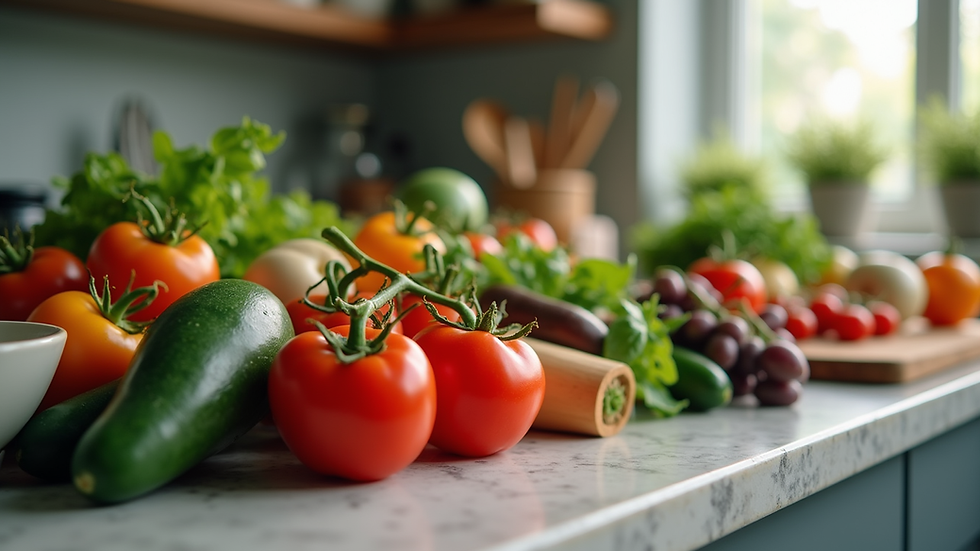 Close-up view of fresh Mediterranean ingredients on a kitchen counter