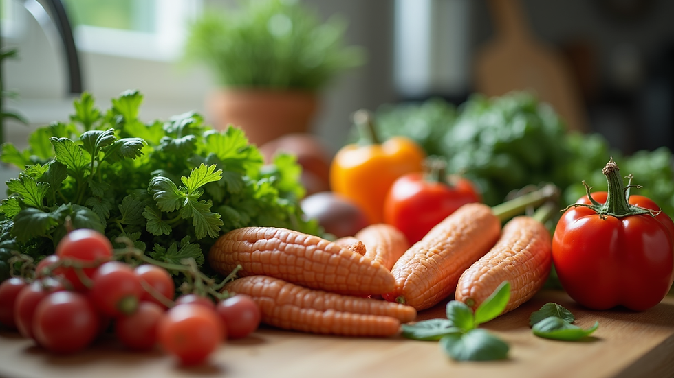 Close-up view of fresh local ingredients on a kitchen counter