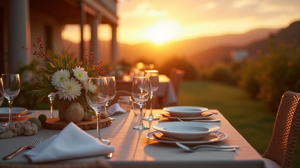 Wide angle view of an outdoor dining setup with elegant tableware at sunset