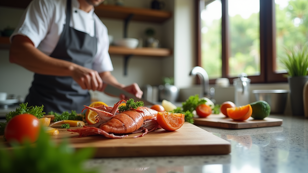 Close-up view of a chef preparing fresh seafood in a luxury villa kitchen