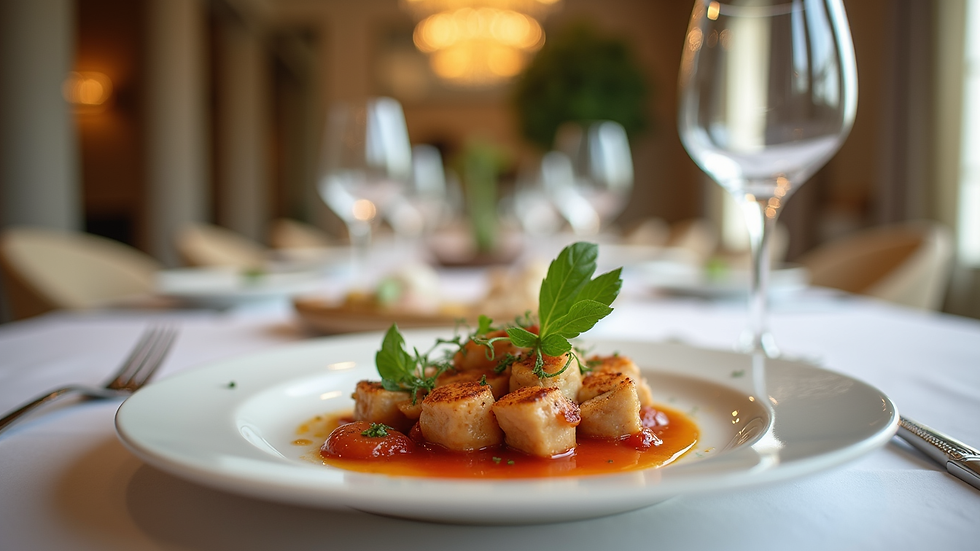 Eye-level view of a gourmet dish served on a white plate in a luxury villa dining room