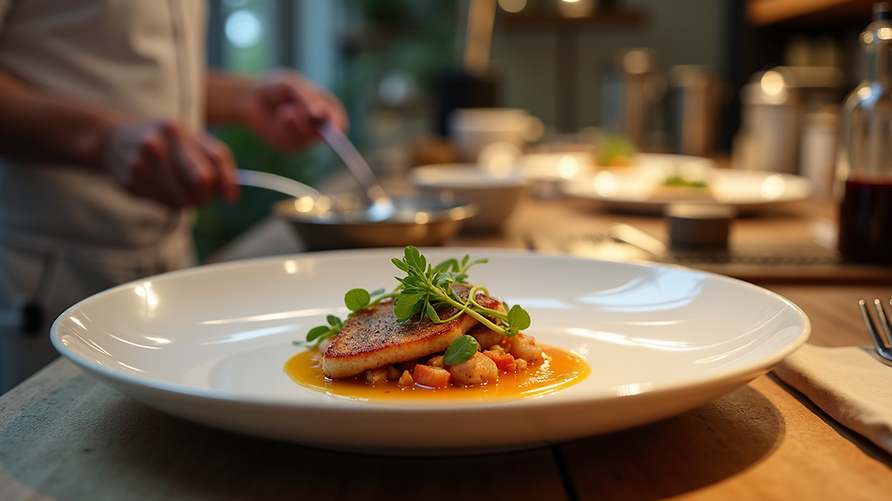 Eye-level view of a gourmet dish prepared in a luxury villa kitchen