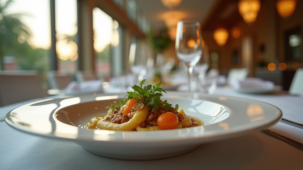 Eye-level view of a gourmet dish served in a luxury villa dining room