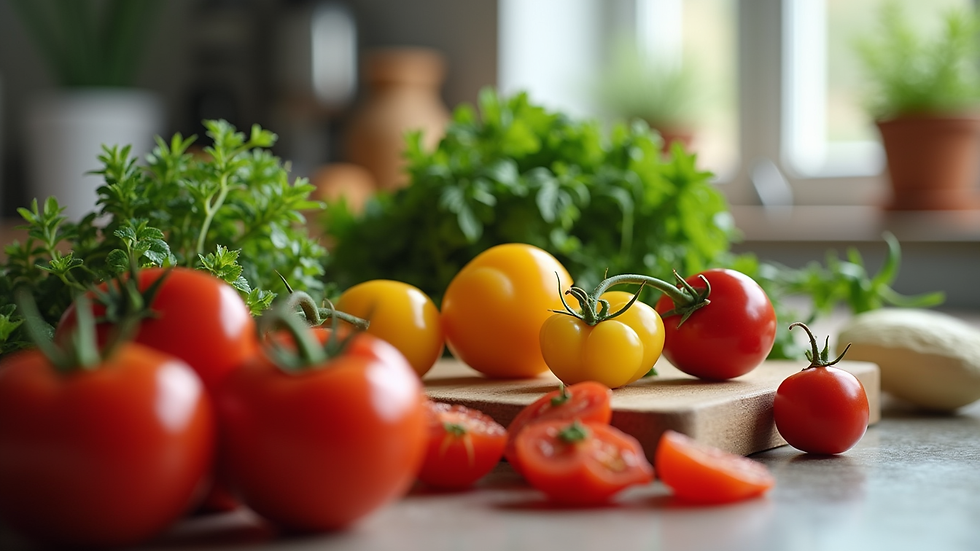 Close-up view of fresh Mediterranean ingredients on a kitchen counter