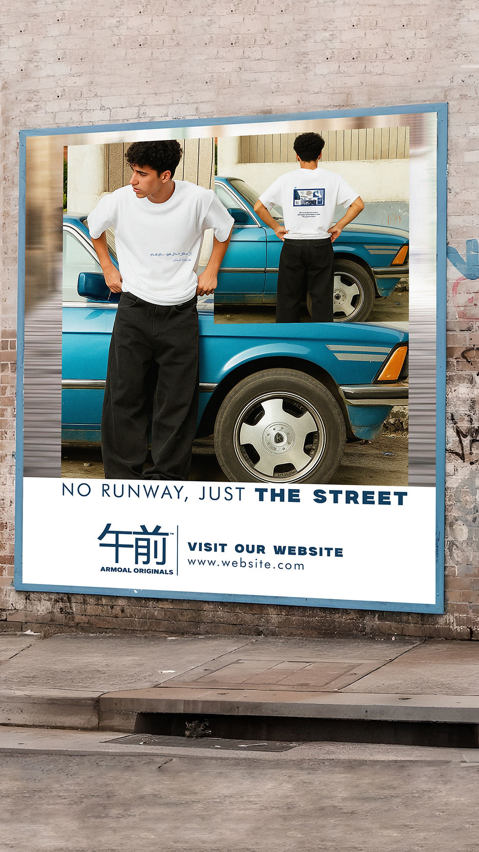 Man in white shirt posing on car with text: NO RUNWAY, JUST THE STREET