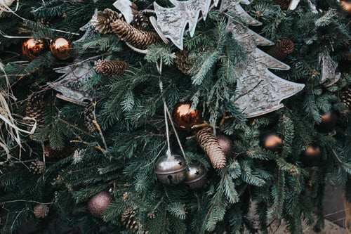 Close-upon decorations on a real fir Christmas tree