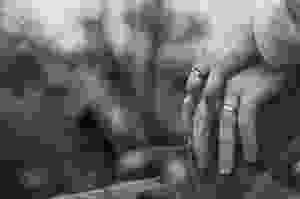 Two men's hands intertwined and showing wedding rings
