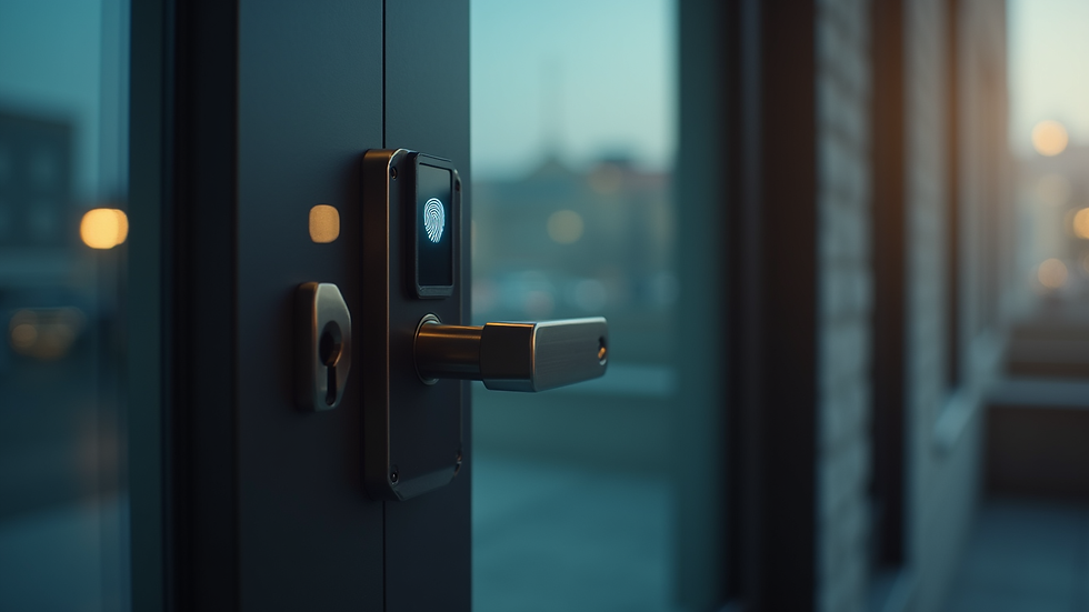 Close-up view of a fingerprint biometric scanner on a door lock