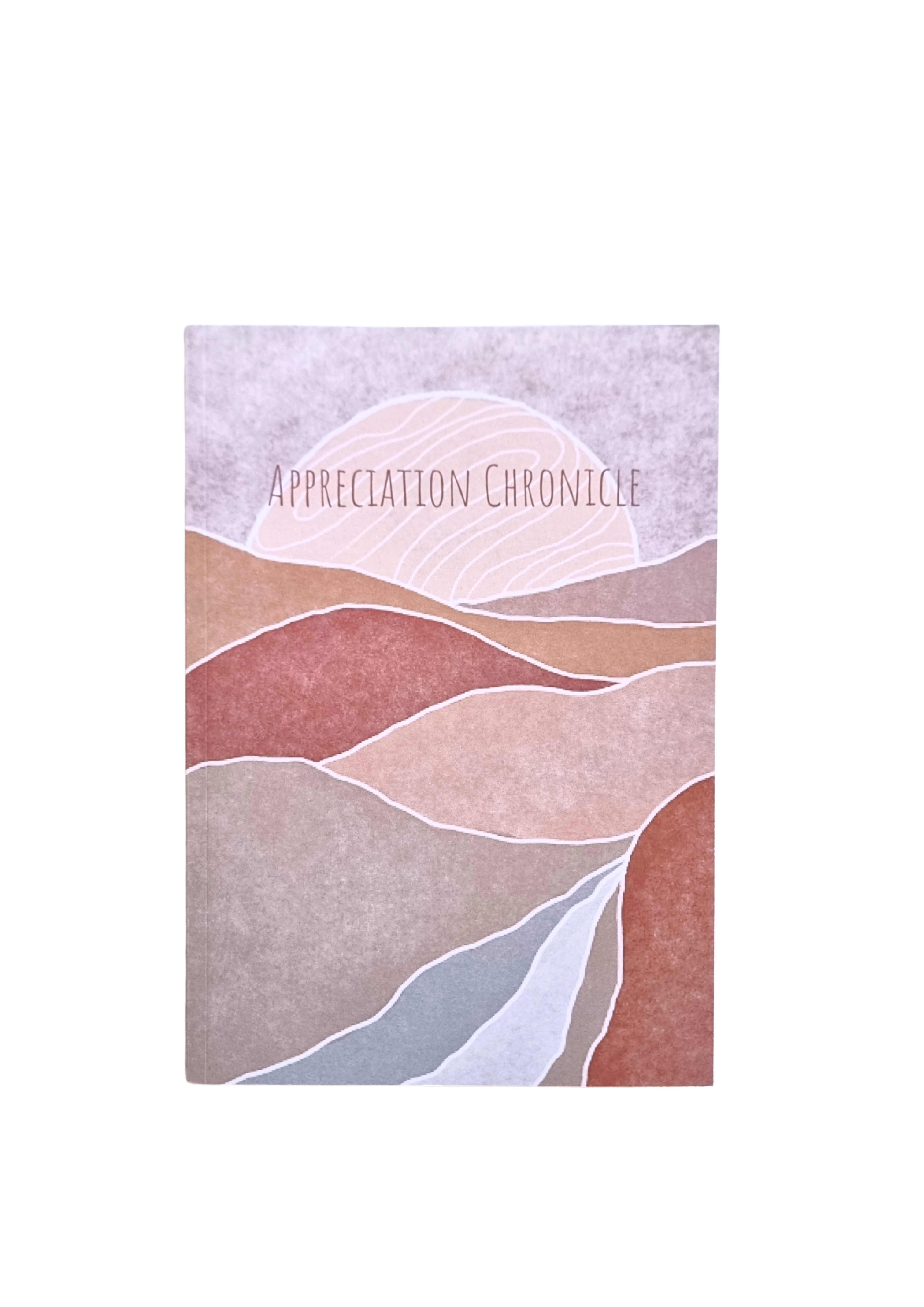 Paperback journal with an abstract pastel cover in pink, beige, and terracotta tones titled “Appreciation Chronicle"