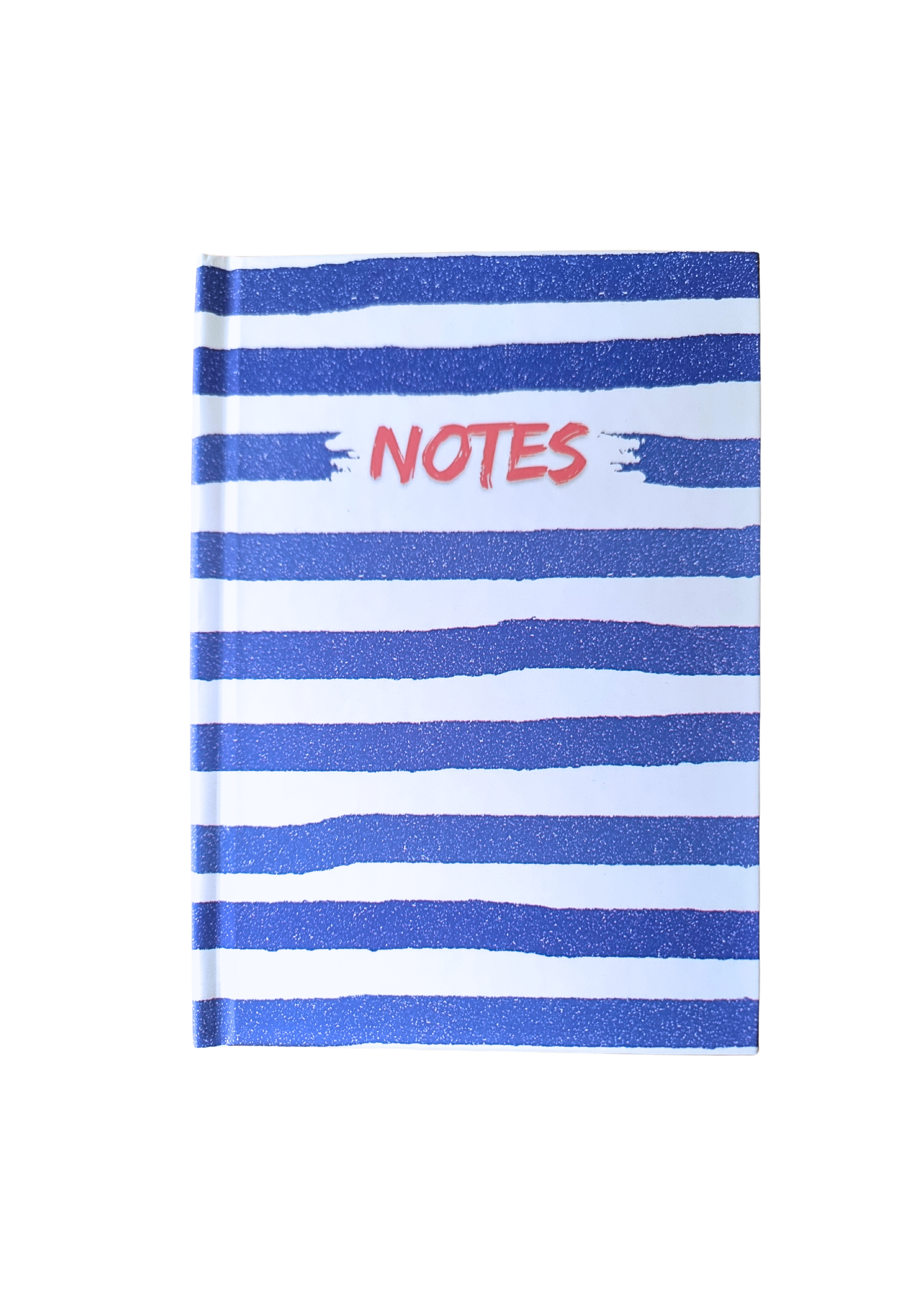 stripy blue and white notebook called Notes, red title