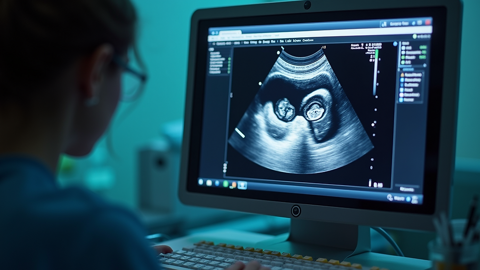Eye-level view of ultrasound machine screen showing 3D baby image