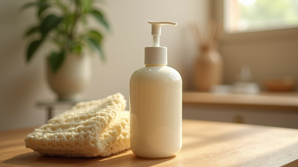 Close-up view of a bottle of natural hand and body lotion on a wooden surface