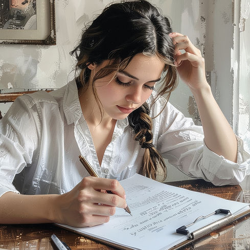 Eine Frau bearbeitet einen Test mit Stift und Papier.