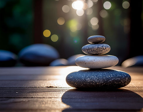 Aufeinander gestapelte Flusssteine im Sonnenlicht