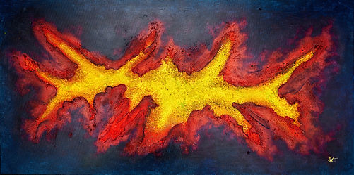 Peinture abstraite contemporaine sur fond sombre, forme centrale en ouverture, mati
