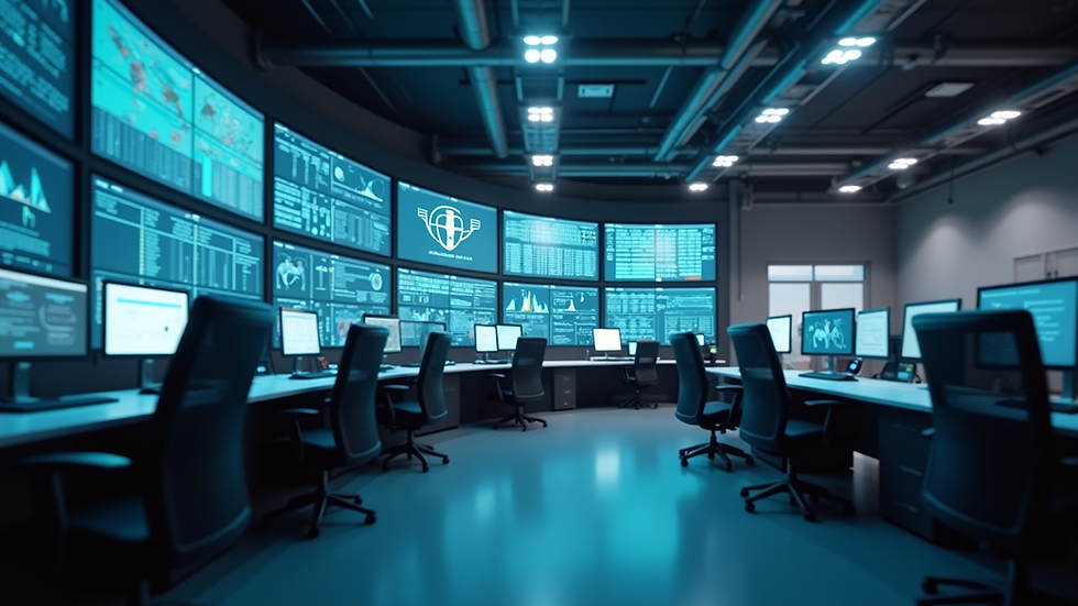 Eye-level view of a modern industrial control room with multiple monitors