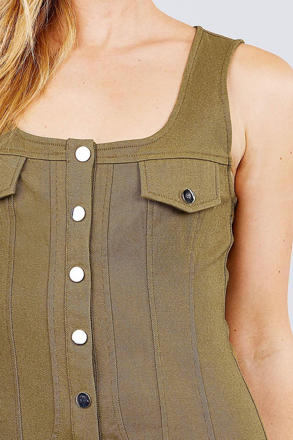 Thumbnail: Sleeveless Deep Square Neck Button Down Detail Mini Woven Dress
