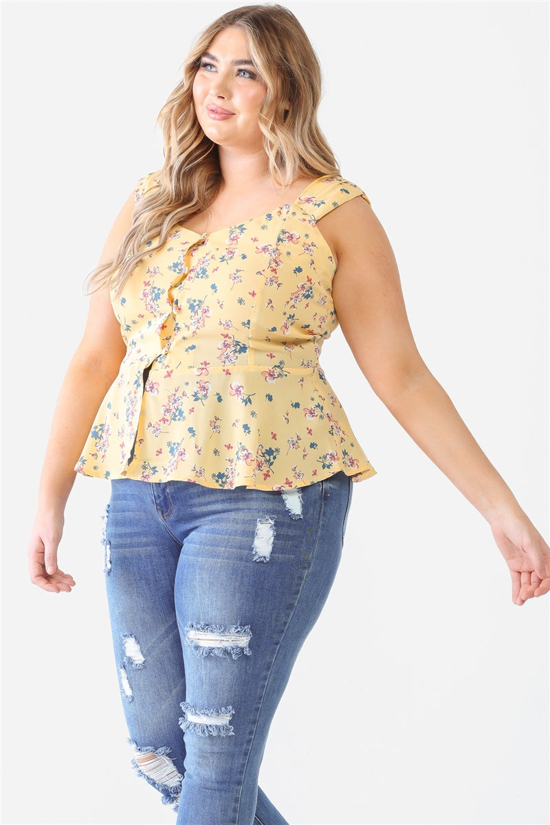 Thumbnail: Plus Floral Button-up Sleeveless Flare Hem Top
