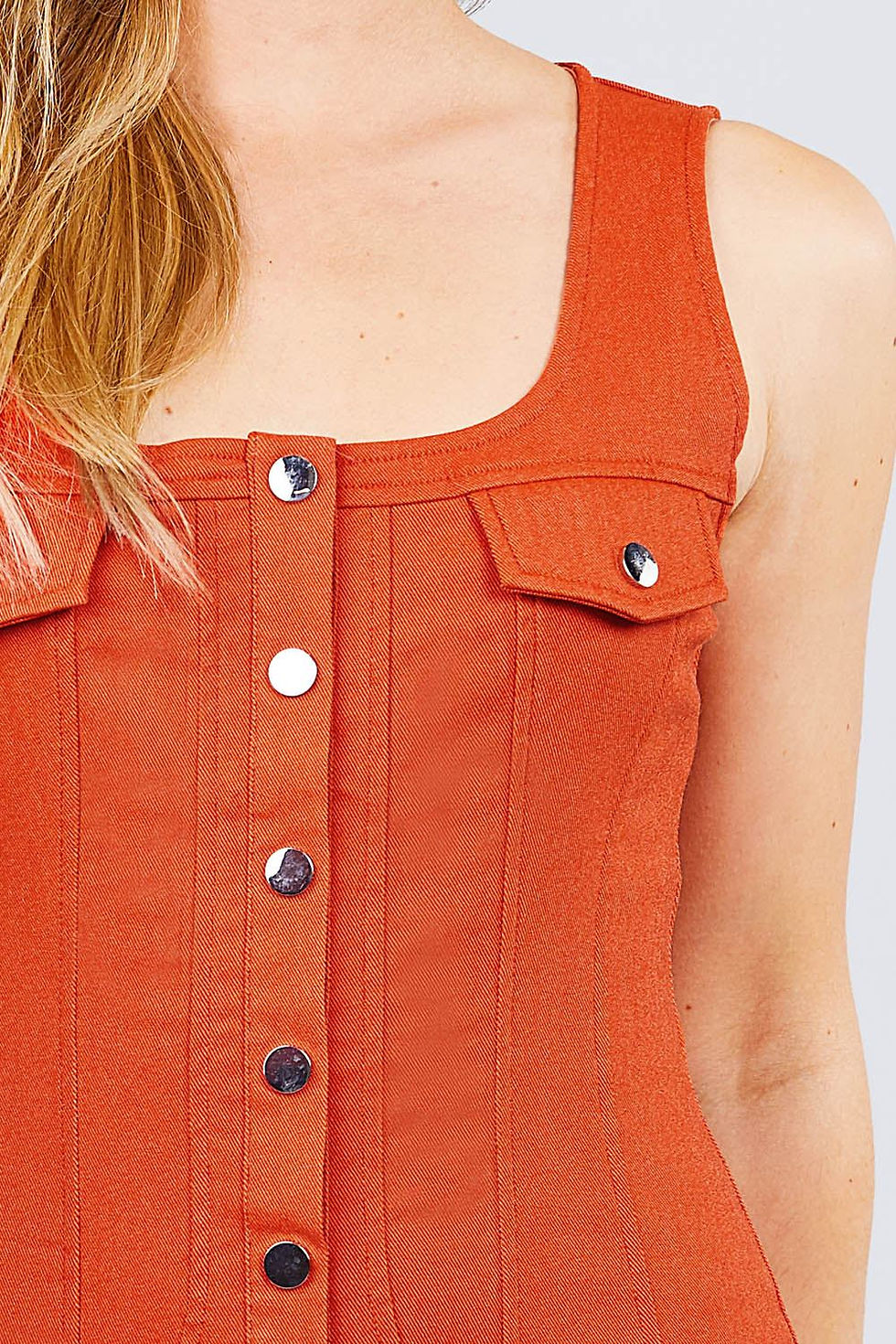 Thumbnail: Sleeveless Deep Square Neck Button Down Detail Mini Woven Dress