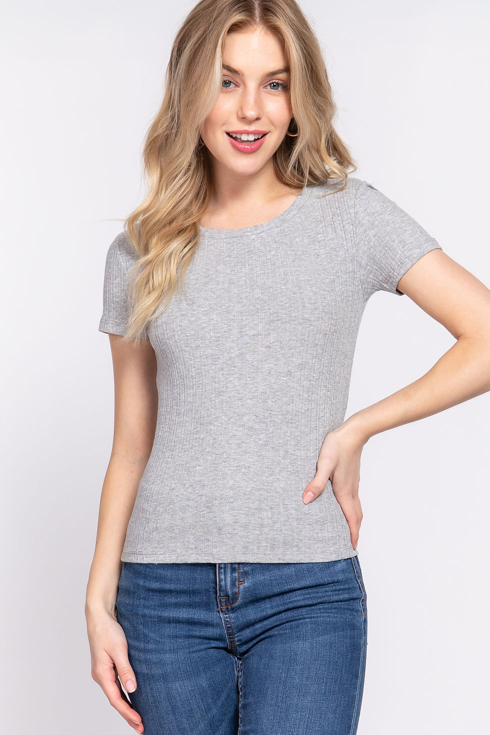 Thumbnail: Short Slv Crew Neck Variegated Rib Knit Top