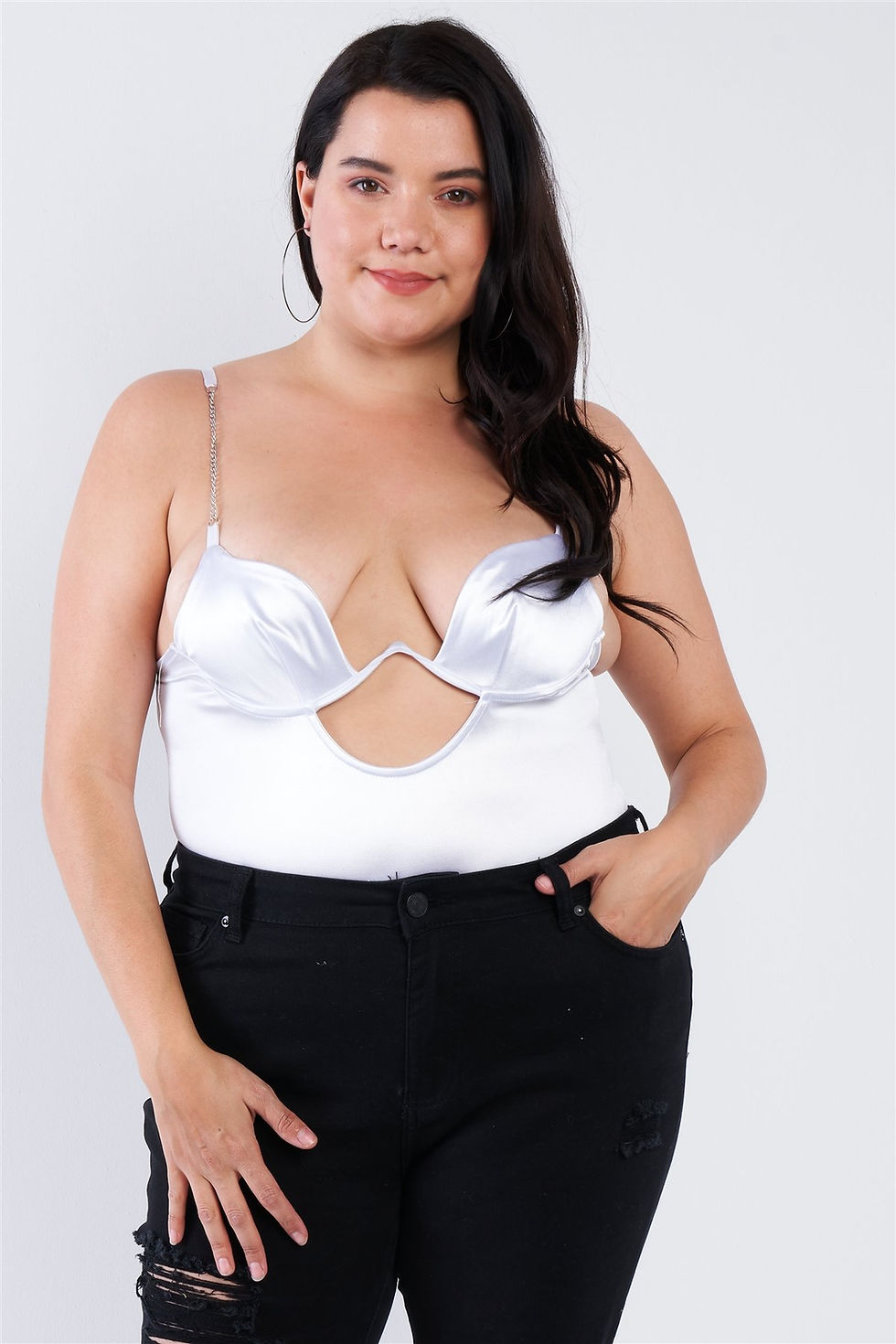 Thumbnail: Plus Size Silk Chain Spaghetti Strap High Thong Center Cut Out Bodysuit