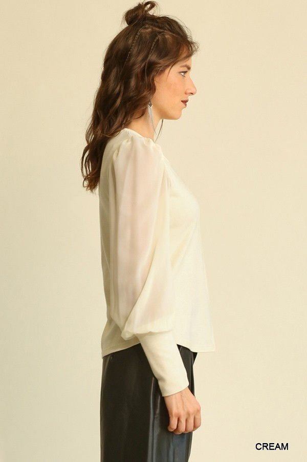 Thumbnail: Solid Knit And Chiffon Mixed Top With Puff Long Sleeve