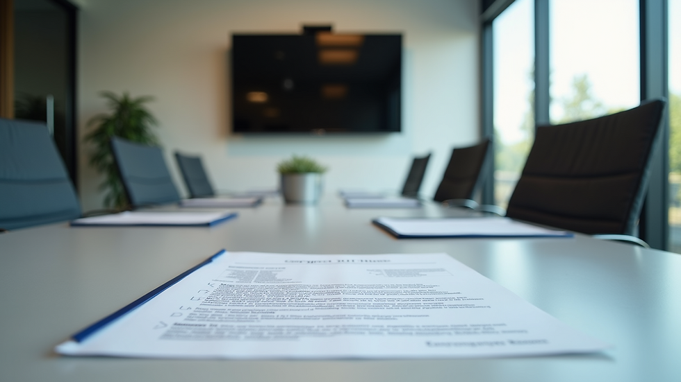 Eye-level view of a modern office meeting room with compliance documents on the table