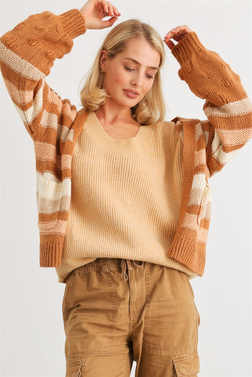 Thumbnail: Camel Striped Crochet Knit Two Pocket Open Front Cardigan